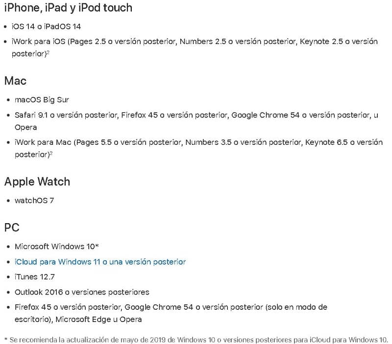 Requisitos mínimos para usar iCloud